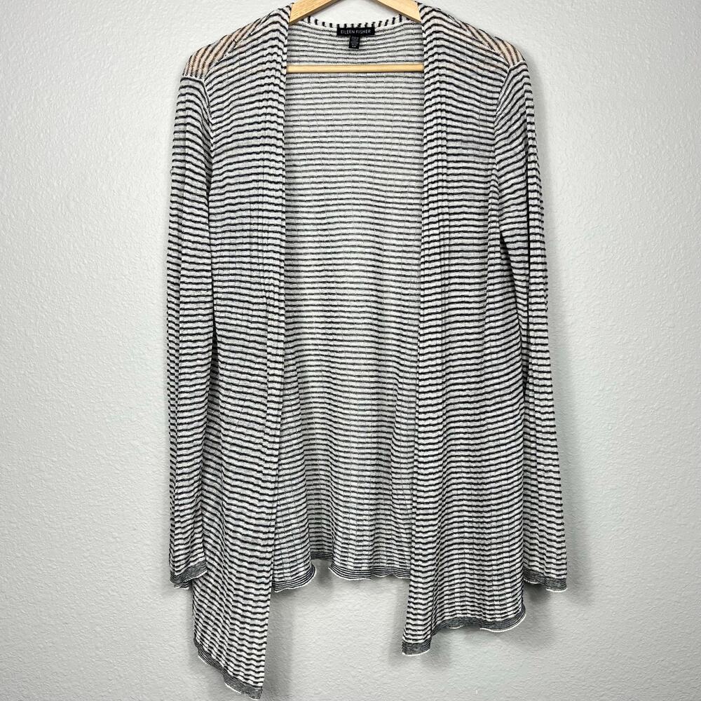Eileen Fisher Open Cardigan Sweater Women’s Size Small Linen Gray White Striped‎